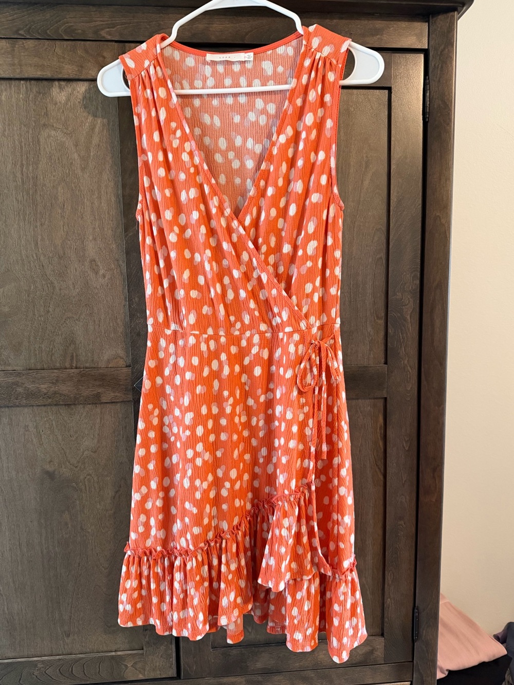 Lush Orange Sleeveless Wrap Mini Dress with White Spot Print